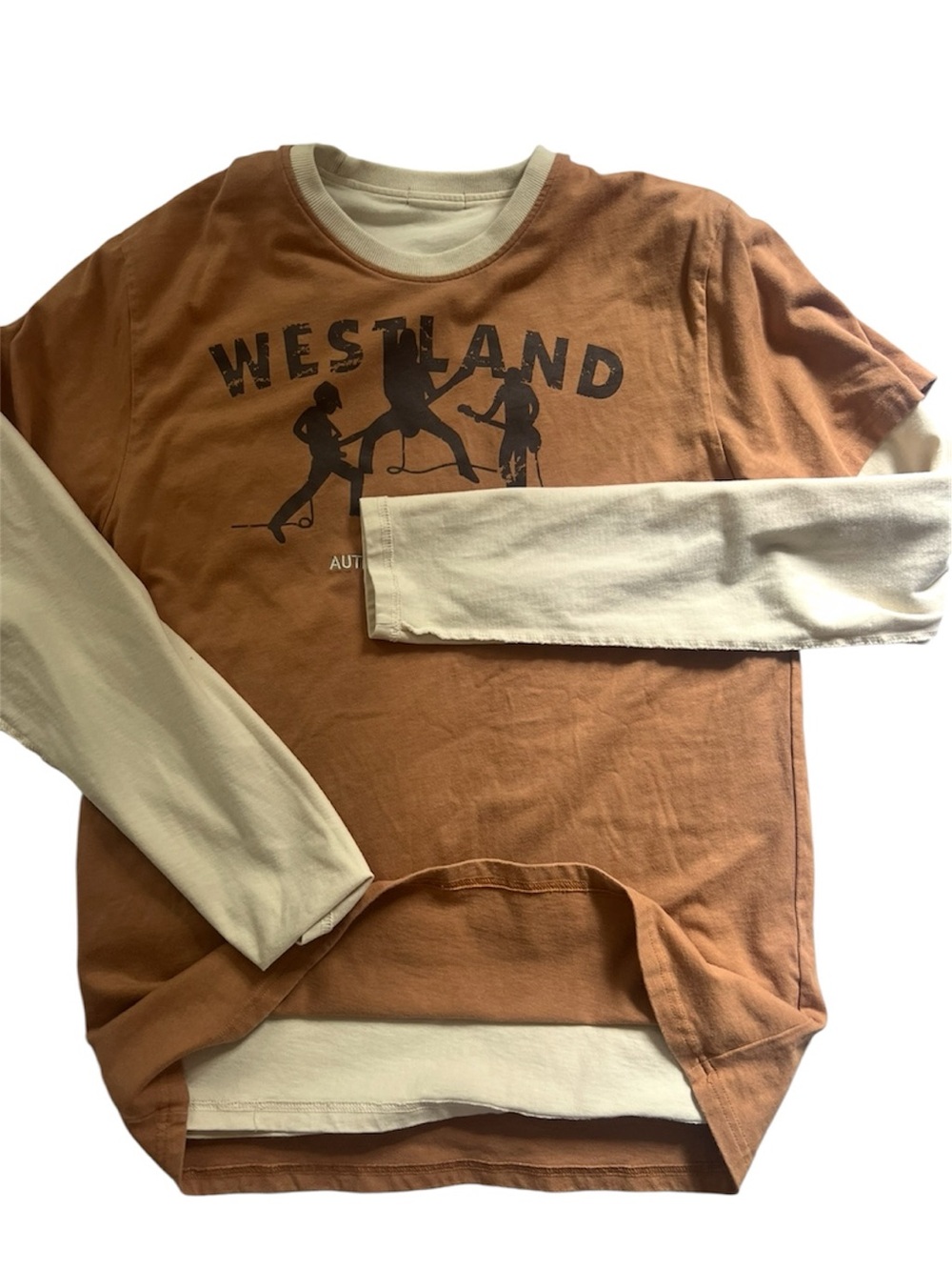WESTLAND Reversible Layered Graphic Tee XL Brown Cream Long Sleeve Y2K